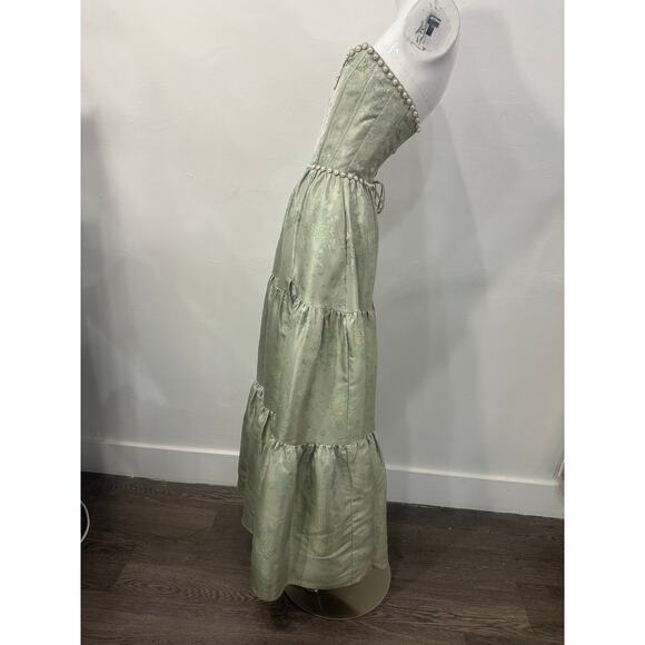 V. Chapman The Vivian Pearl Studded Slit Maxi Dress Sage Windsor Brocade Size 0 - Picture 5 of 9